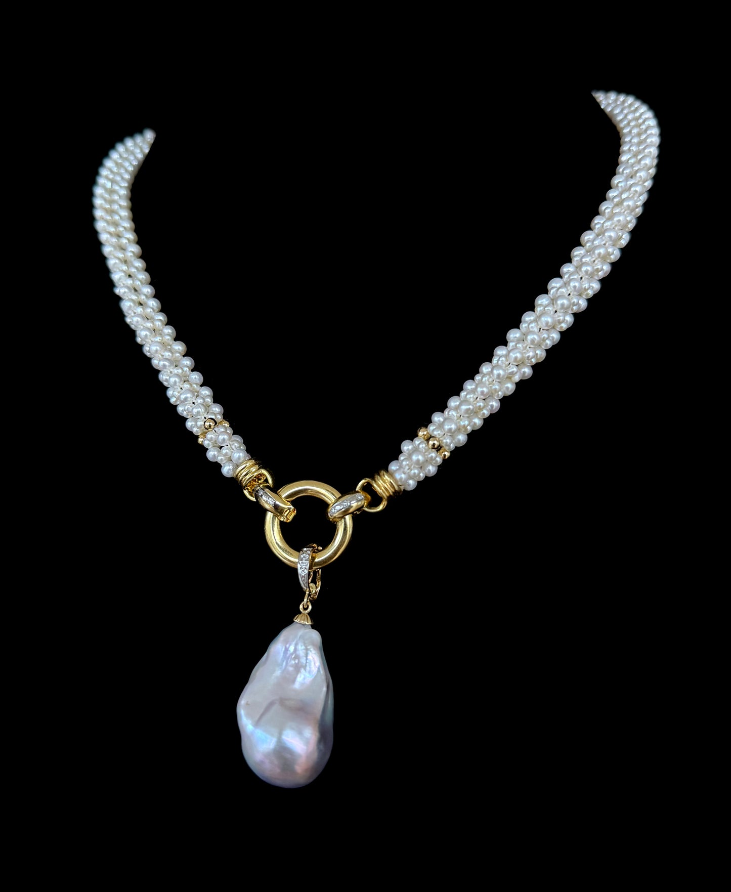 Pearl Woven Rope Necklace with Diamonds, Solid 14k Gold & Baroque Pearl