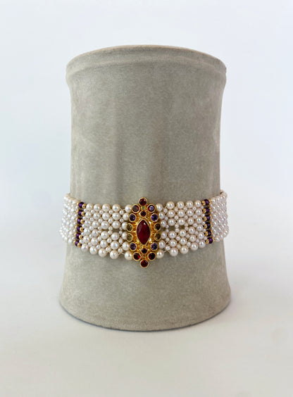 Woven Pearl Choker with Multi Color Semi Precious Stone Centerpiece