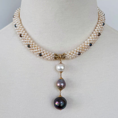 Woven Black & White Pearl Rope Necklace with 14K Yellow Gold Clasp