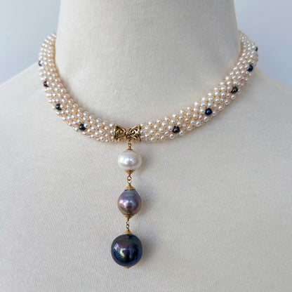 Woven Black & White Pearl Rope Necklace with 14K Yellow Gold Clasp