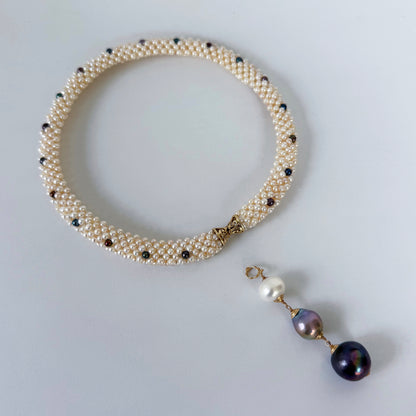 Woven Black & White Pearl Rope Necklace with 14K Yellow Gold Clasp