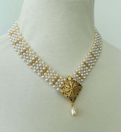 One of A Kind Adjustable Pearl Necklace with Vintage 18k Centerpiece