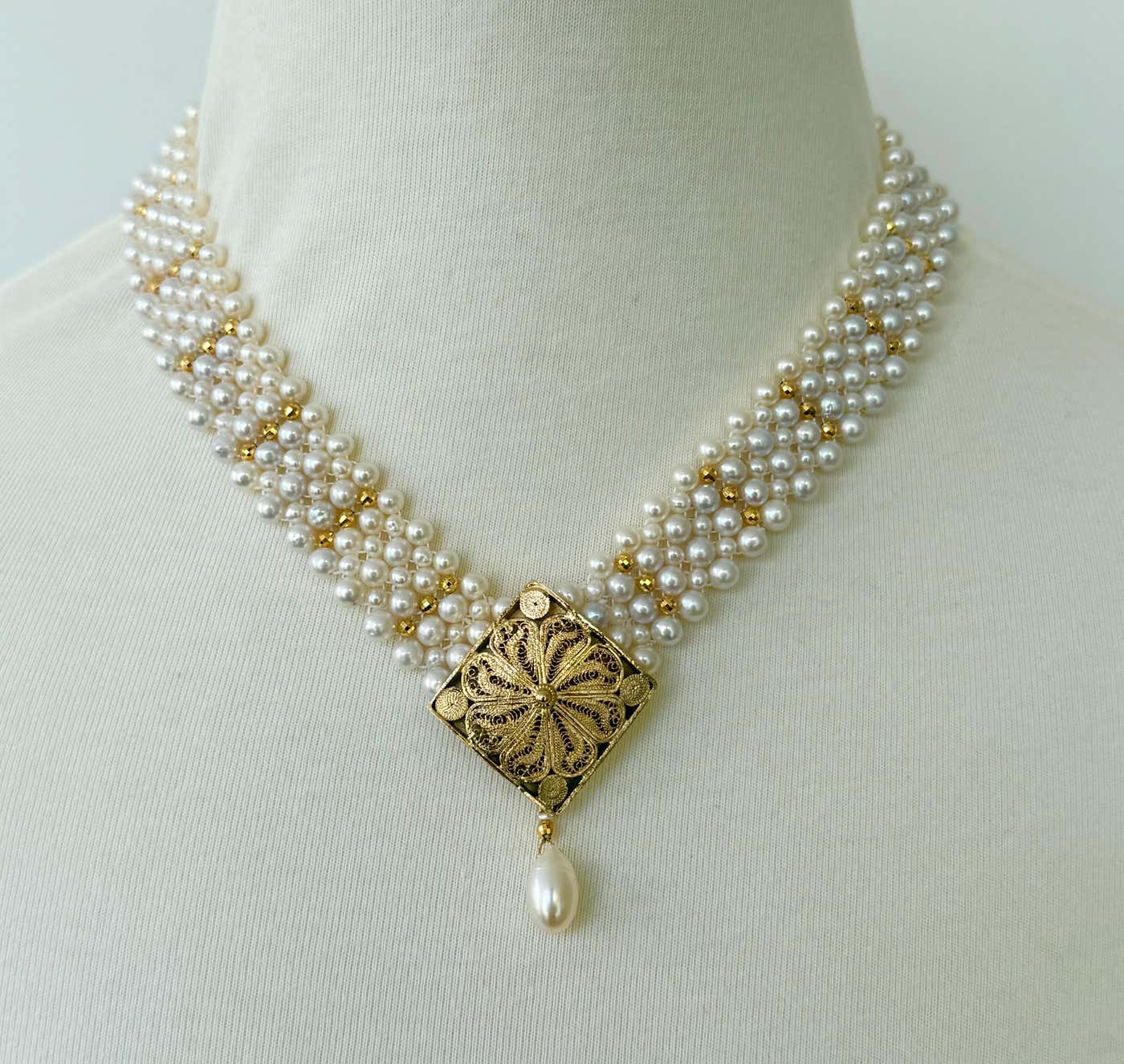 One of A Kind Adjustable Pearl Necklace with Vintage 18k Centerpiece