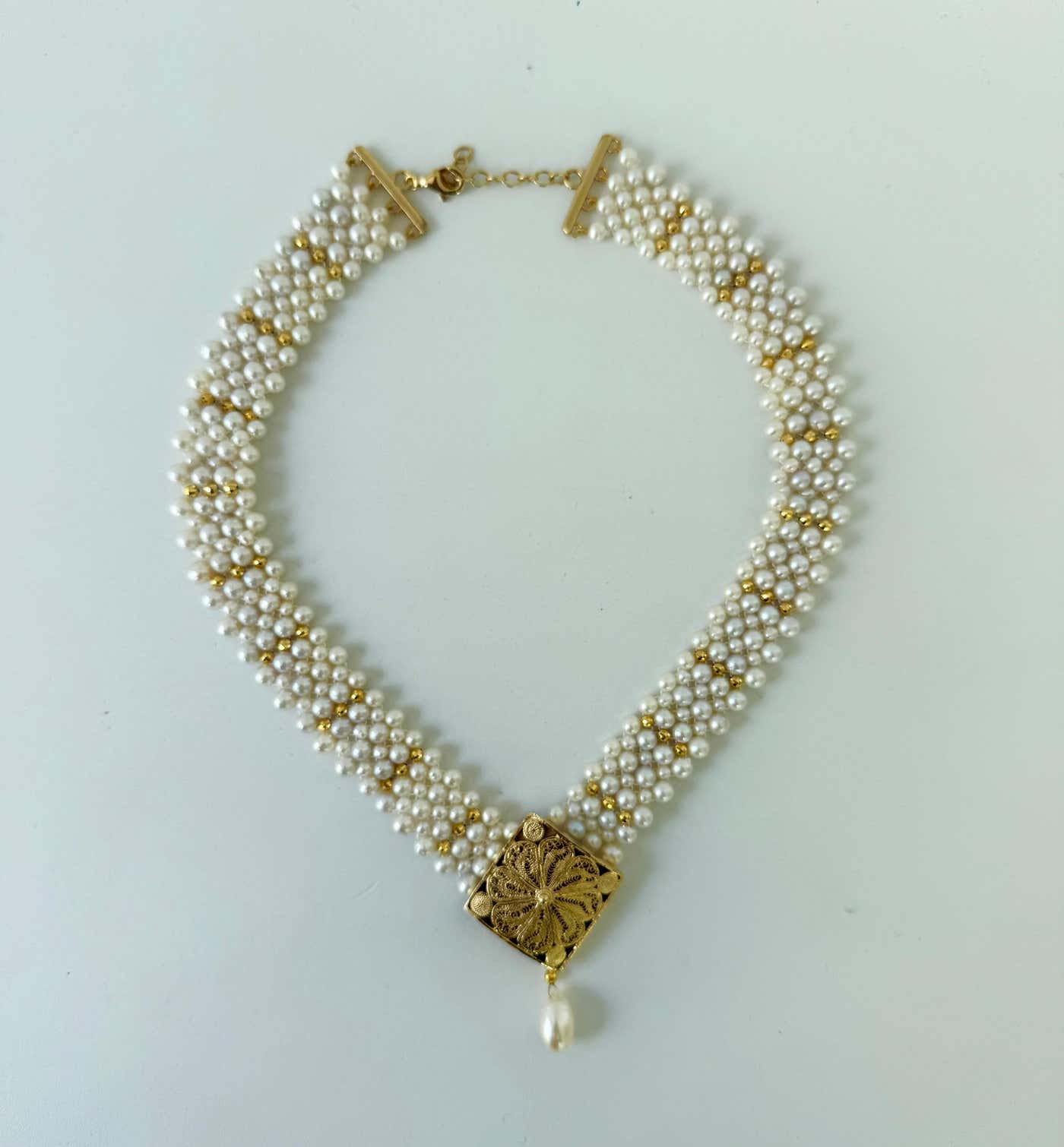 One of A Kind Adjustable Pearl Necklace with Vintage 18k Centerpiece