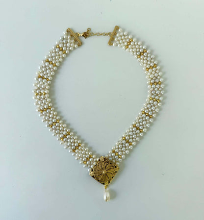 One of A Kind Adjustable Pearl Necklace with Vintage 18k Centerpiece