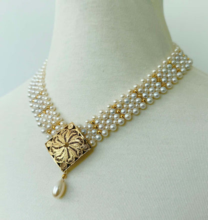One of A Kind Adjustable Pearl Necklace with Vintage 18k Centerpiece