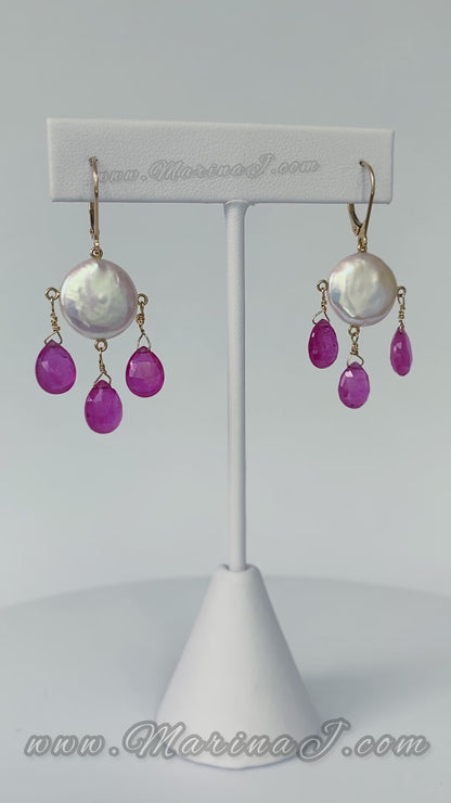 Pink Sapphire, Coin Pearl & Solid 14k Yellow Gold Chandelier Earrings