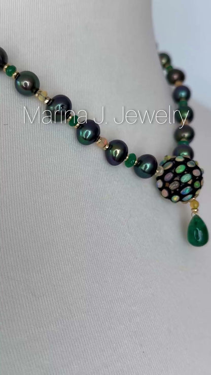 One Of A Kind Emerald, Fire Opal, Black Pearl & Solid 14K Necklace