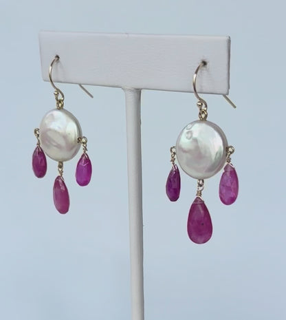 Pink Sapphire, Pearl & 14k Gold Chandelier Earrings