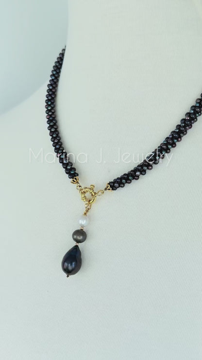 Black Pearl Rope Necklace with 18k Yellow Gold Plating & Drop Tassel