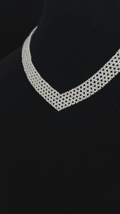 Seed Pearl Woven "V" Necklace with 14k
