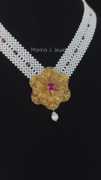 One of A Kind Pearl Woven Necklace with Rubies & Pink Topaz