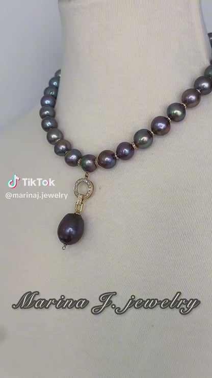 One Of A Kind Black Pearl Necklace with Diamonds & Solid 14k Yellow Gold