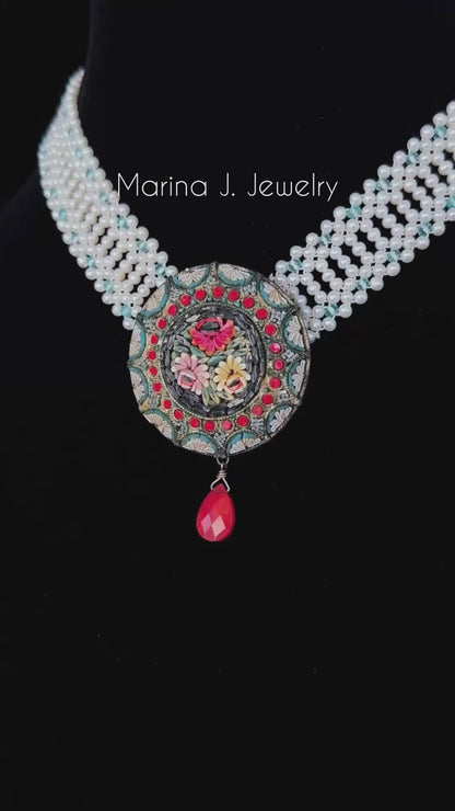 Vintage Mosaic Necklace with Aquamarine & Coral