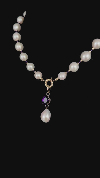 Pearl, Solid 14k Yellow Gold Necklace with Removable Amethyst Centerpiece