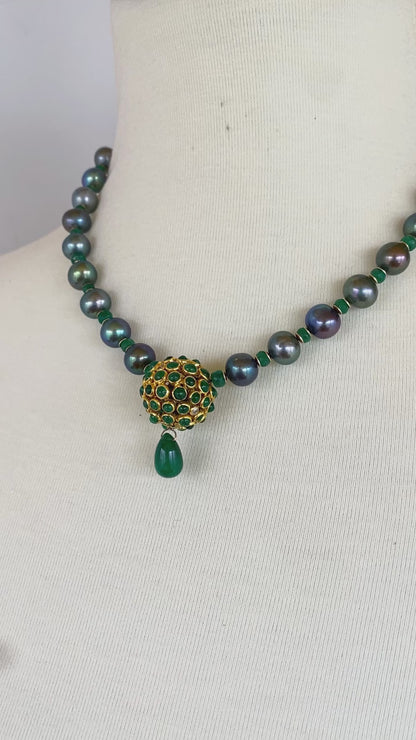 One of A Kind Black Pearl, Emerald & Solid 14k Yellow Gold Necklace
