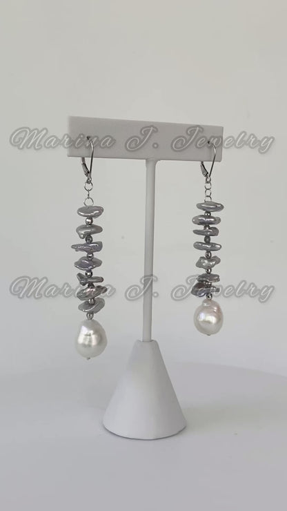 Grey Pearl Dangle Earring with Solid 14k White Gold Lever Back Hooks