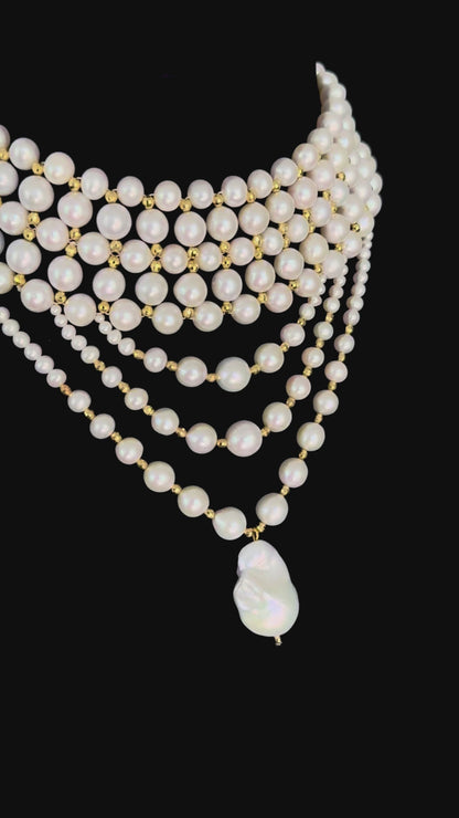 Draped Pearl Choker with Faceted Gold Plated Beads & Clasp