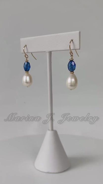 Pearl, Kyanite & Solid 14k Yellow Gold Hook Earrings