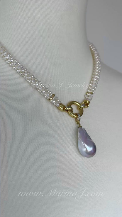 Pearl Woven Rope Necklace with Diamonds, Solid 14k Gold & Baroque Pearl