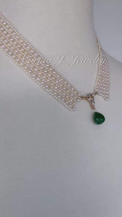 Pearl Woven Collar Necklace with Diamonds, Solid 14k Yellow Gold & Emerald