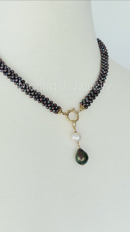 Solid 14k Gold, Black Pearl Rope Necklace with a Removable Baroque Pearl Drop Tassel