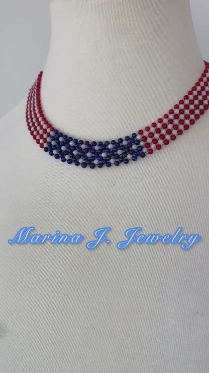 Woven White, Red Coral & Lapis Lazuli American Flag Necklace