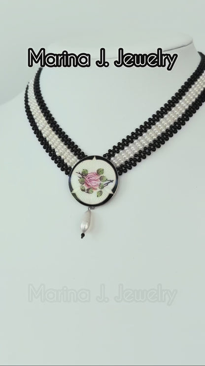 Black Onyx, Pearl & Silver Necklace with Vintage Enamel Centerpiece