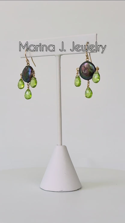 Black Pearl & Peridot Chandelier Earrings with Solid 14k Yellow Gold