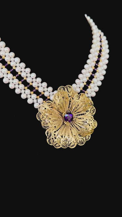 Pearl, Amethyst & 18k Plated Silver Woven Necklace with Floral Centerpiece