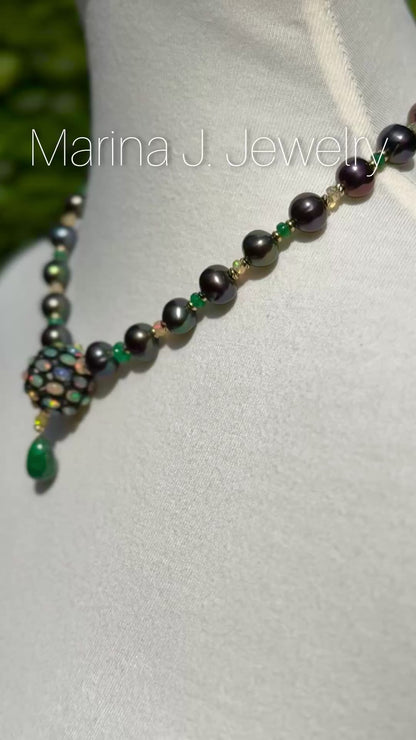 One Of A Kind Emerald, Fire Opal, Black Pearl & Solid 14K Necklace