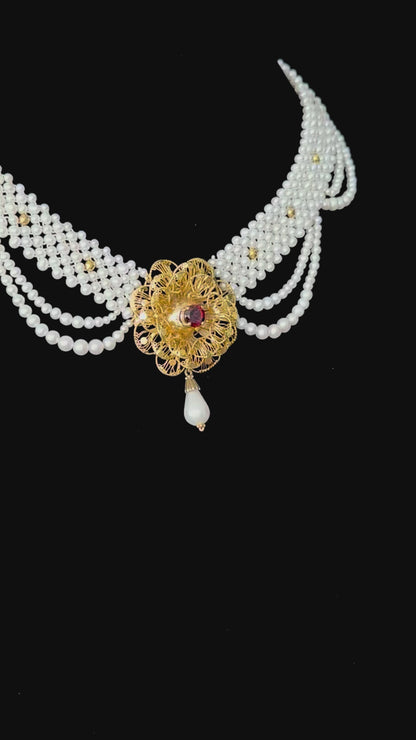 Woven Pearl Necklace With Gold Plated Vintage Garnet Brooch