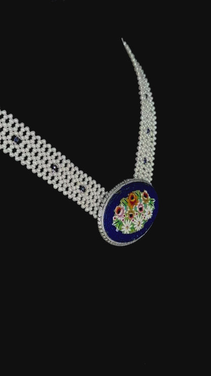 Pearl & Lapis Woven Floral Mosaic Necklace