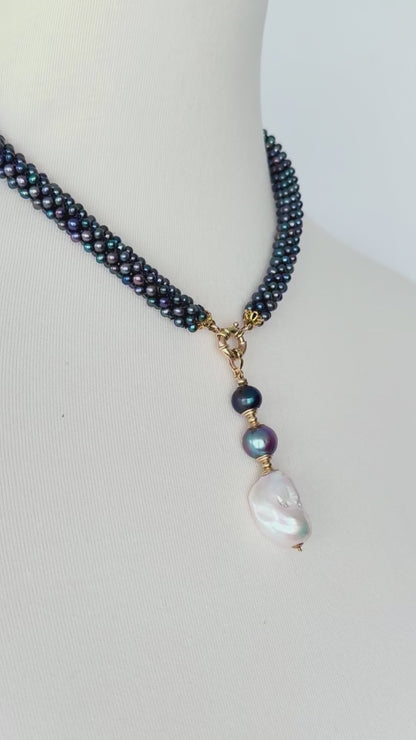 Black Pearl & 14k Rope Necklace With Drop Tassel