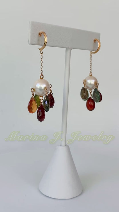 Pearl, Multicolor Tourmaline Briolette & Solid Yellow Gold Dangle Earrings