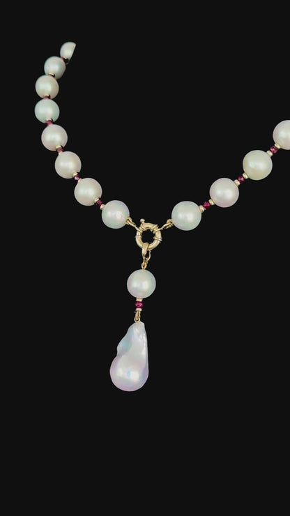 Red Ruby, Solid Gold & Graduated Pearl Necklace with Dramatic Tassel