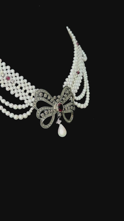 Woven Pearl Necklace with Sterling Silver Vintage Brooch with Garnet
