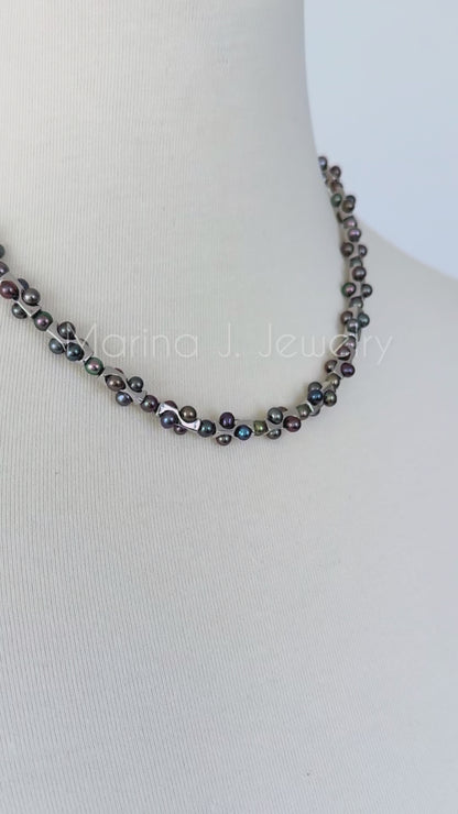 Men's Silver Rhodium Plated Geometric Black Pearl Necklace with Adjustable Clasp