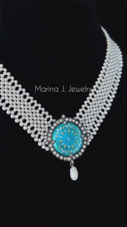 One of a kind Woven Pearl Necklace with Antique Blue Enamel Centerpiece