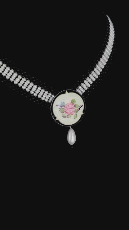 Black Onyx, Pearl & Silver Necklace with Vintage Enamel Centerpiece
