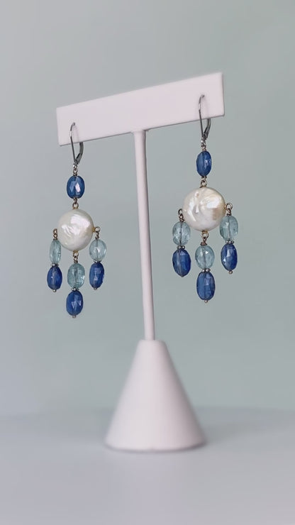 Pearl, Kyanite and Aqumarine Lever Back Earrings with 14k White Gold