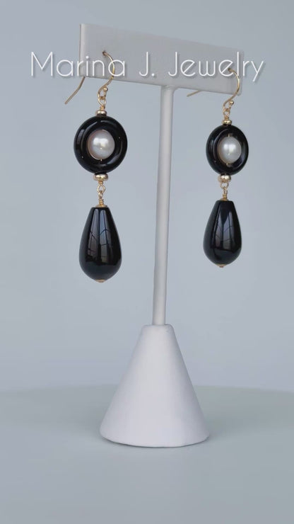 Black Onyx & Pearl & Solid 14k 'Art Deco' Dangle Earrings