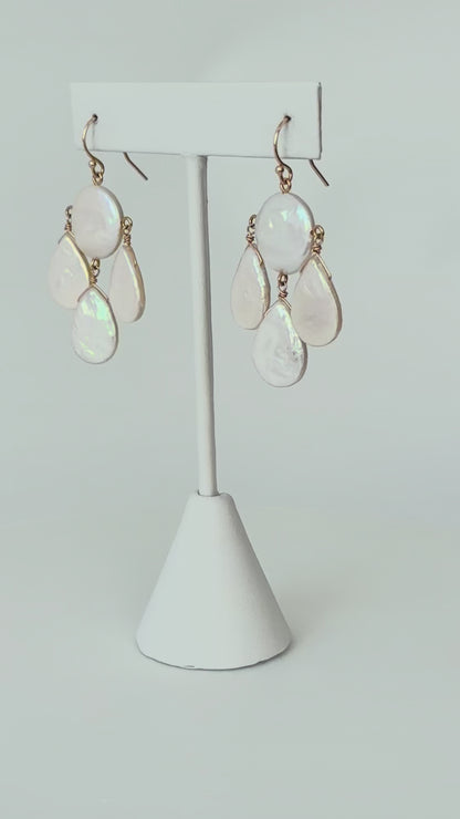Baroque Coin & Teardrop Pearl Chandelier Earrings with Solid 14k Yellow Gold