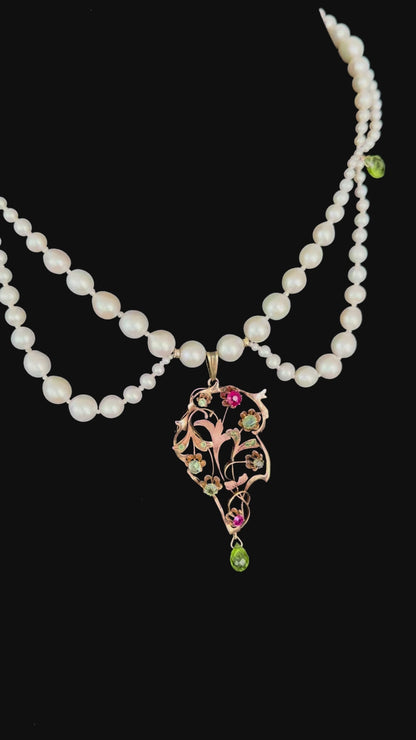Gold & Semi Precious Centerpiece Pearl Draped Necklace