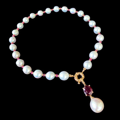 Ruby, Baroque Pearl & Solid 14k Yellow Gold Necklace