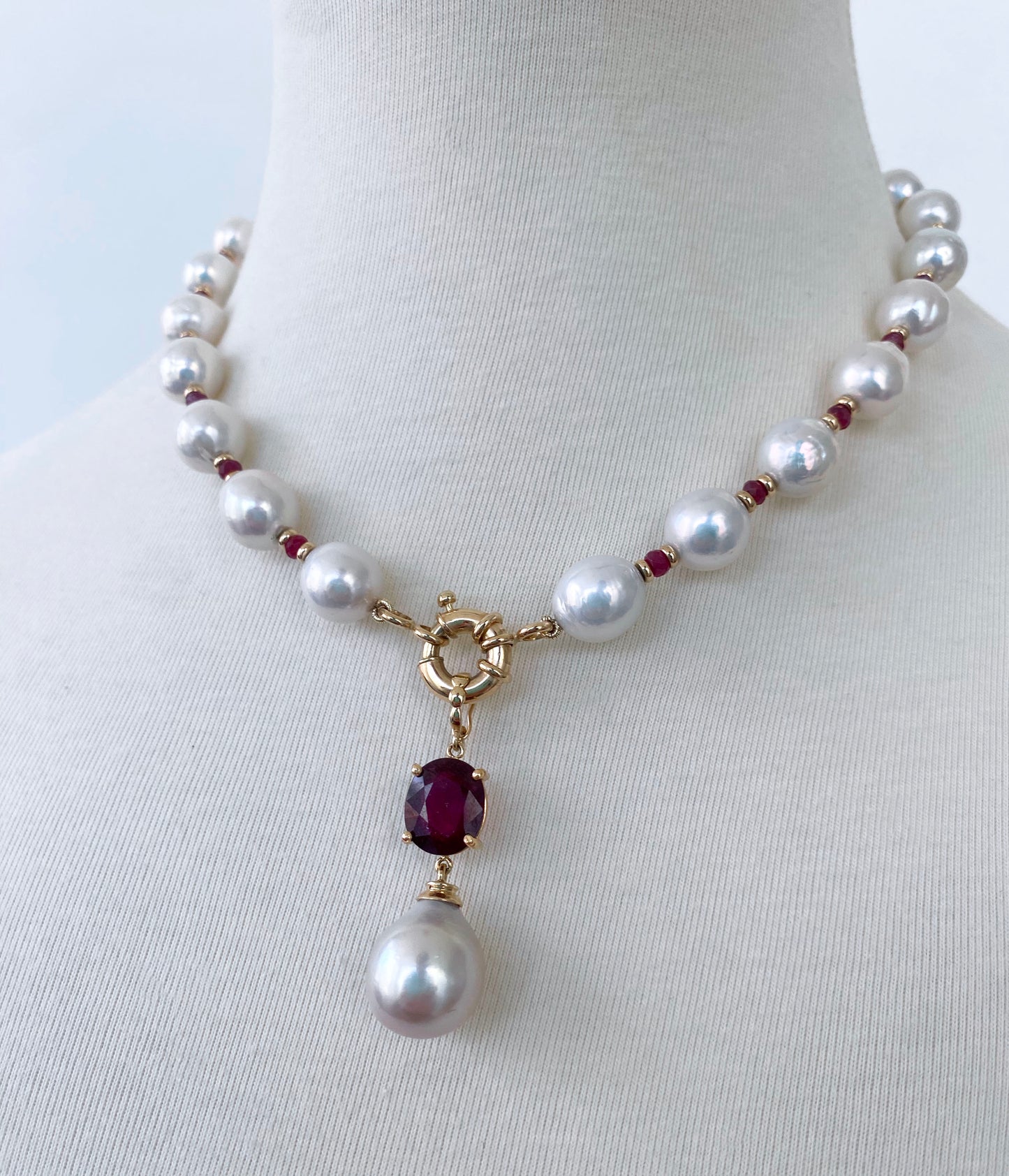 Ruby, Baroque Pearl & Solid 14k Yellow Gold Necklace