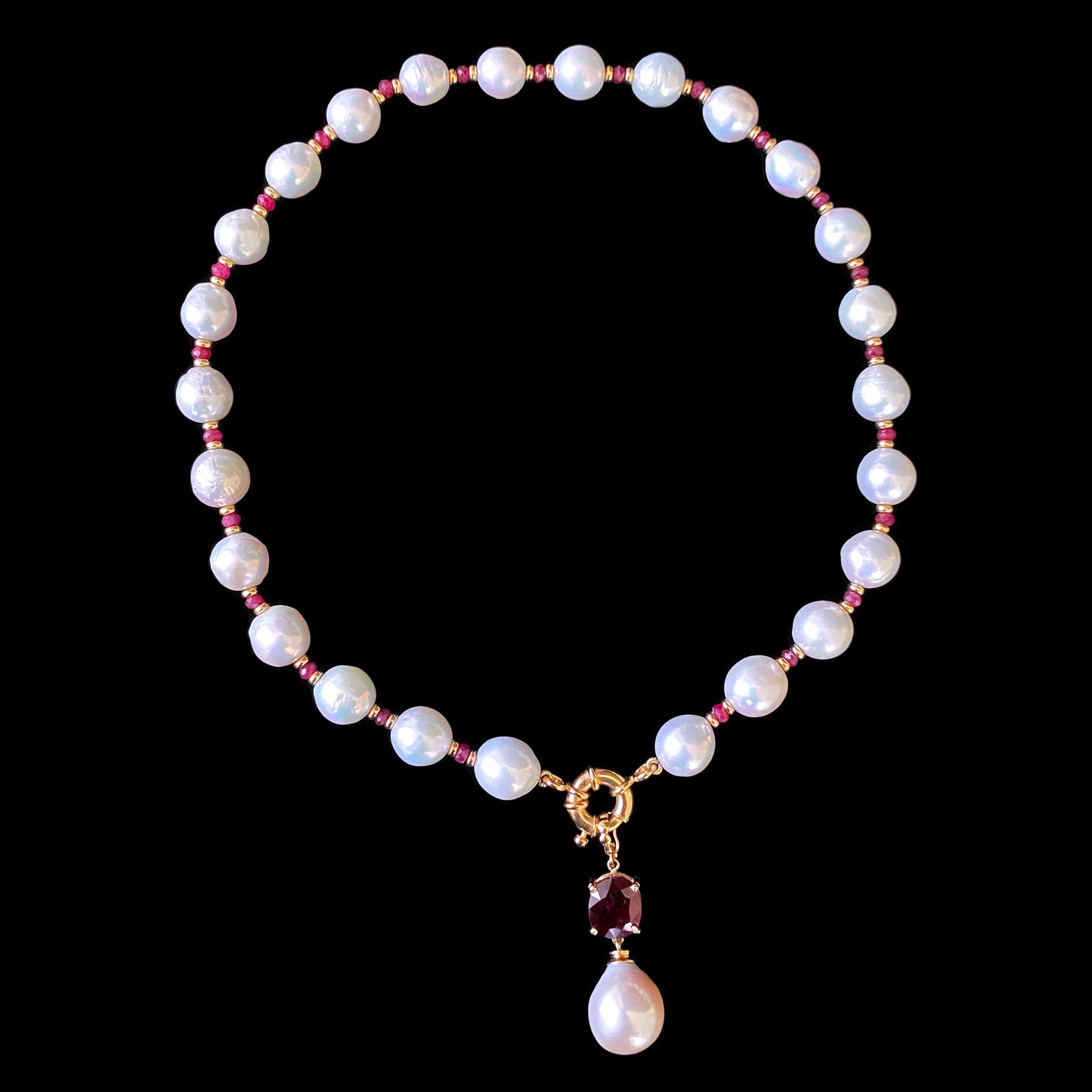 Ruby, Baroque Pearl & Solid 14k Yellow Gold Necklace