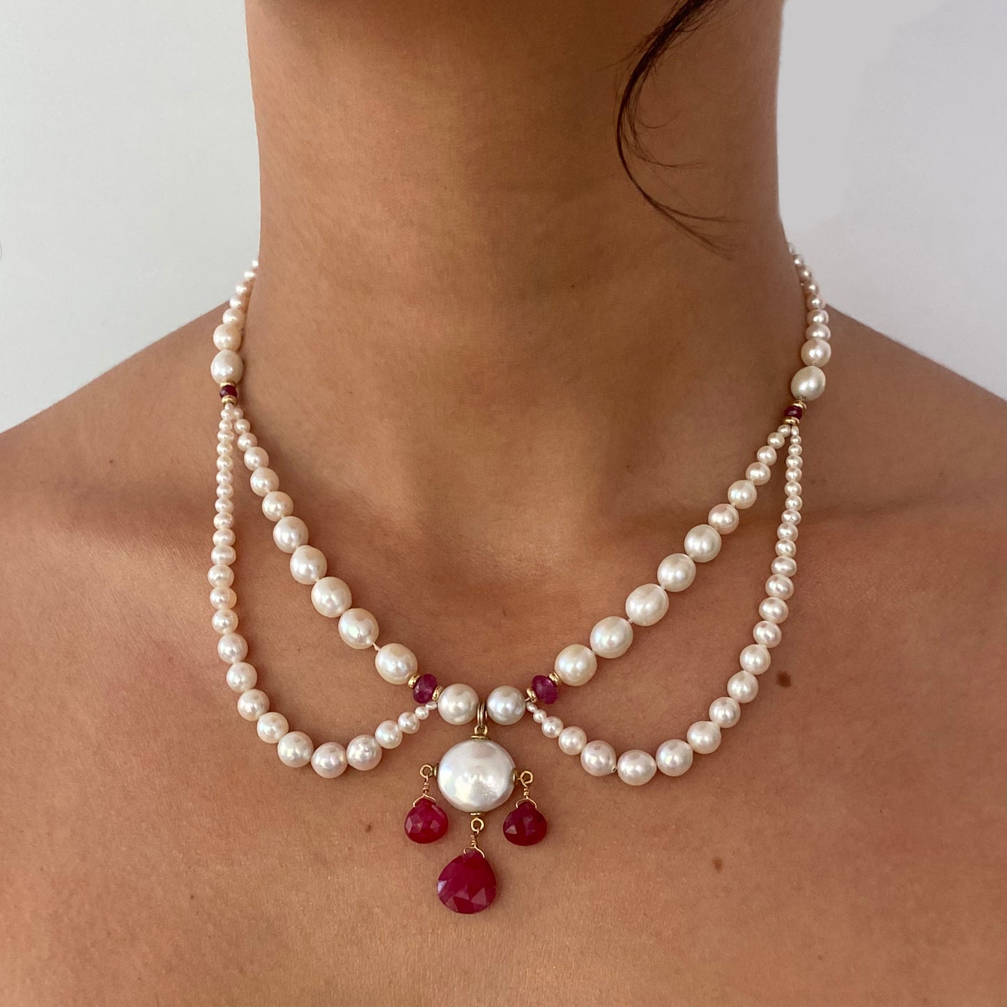 Graduated Pearl, Ruby and 14K Yellow Gold, Chandelier Necklace