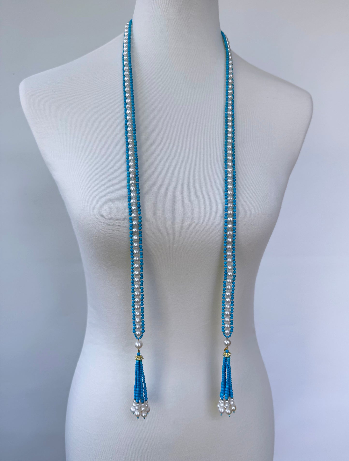 Turquoise, Pearl & Solid 14k Yellow Gold Sautoir with Graduated Tassels