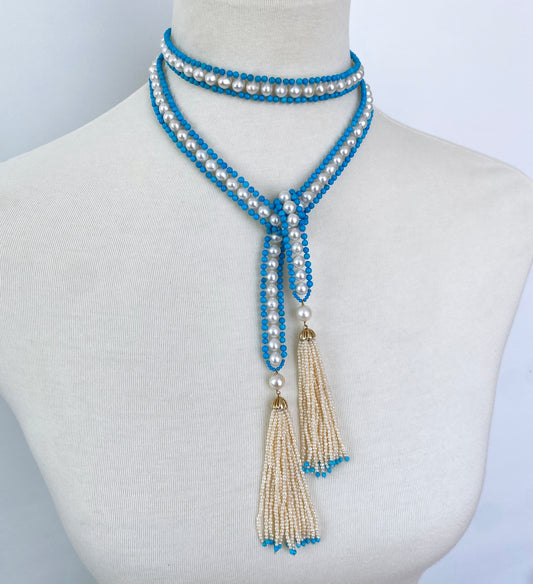 Woven Pearl & Turquoise Sautoir with Seed Pearl & Gold Tassels